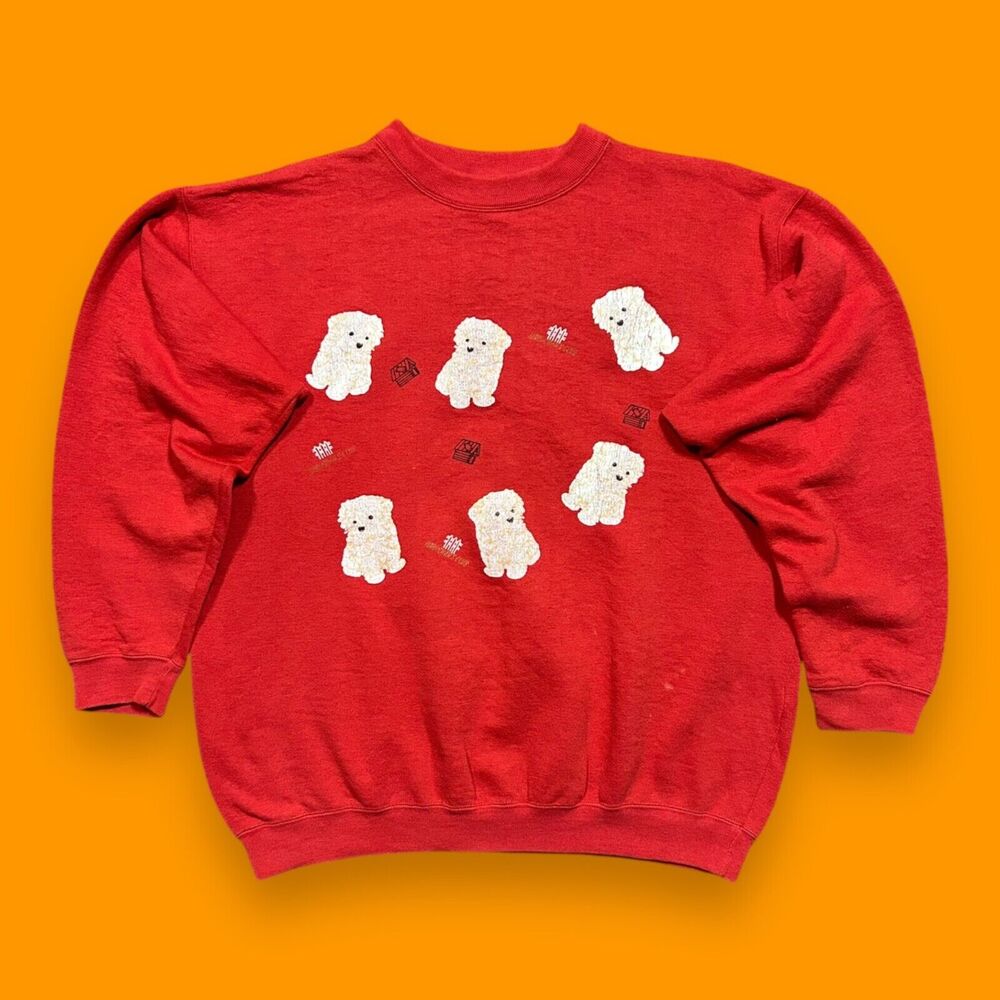 Vintage 80s Sweatshirt Cute Dog Print Crewneck Pullover Red